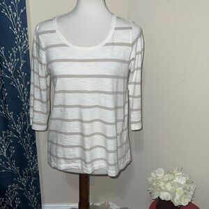 Vineyard Vines Anguilla Stripe Top White Tan Nautical Cotton 3/4 Sleeves Sz XS